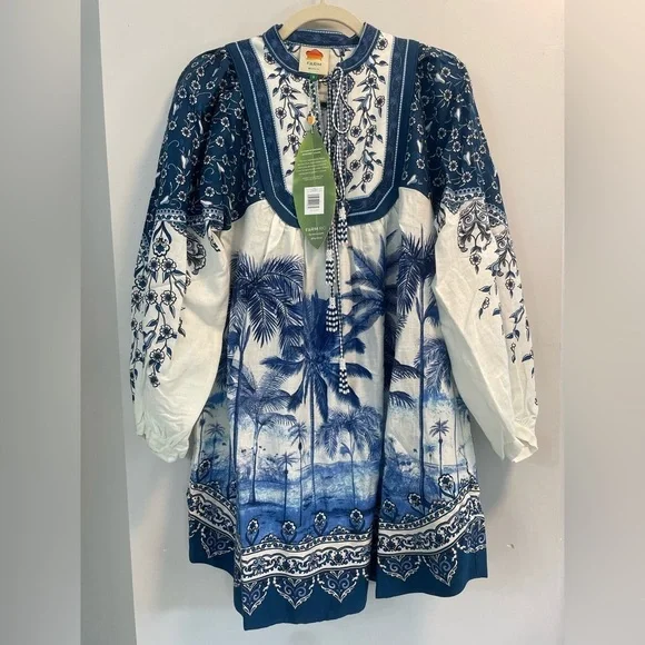 NWT Farm Rio Palm Tree Off White and blue balloon sleeve mini dress womens Small - Picture 4 of 6